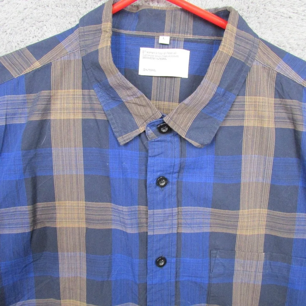 Nutexrol‎ Shirt Mens Large Blue Plaid Short Sleeve Button Front Casual Top